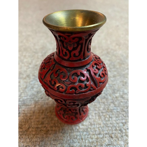 Tiny Red Japanese Brass Mouth Antique Hand Carved Vases - Picture 3 of 4